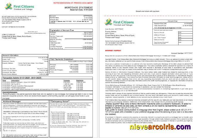 Trinidad and Tobago First Citizens Bank mortgage statement, 3 pages 1-2